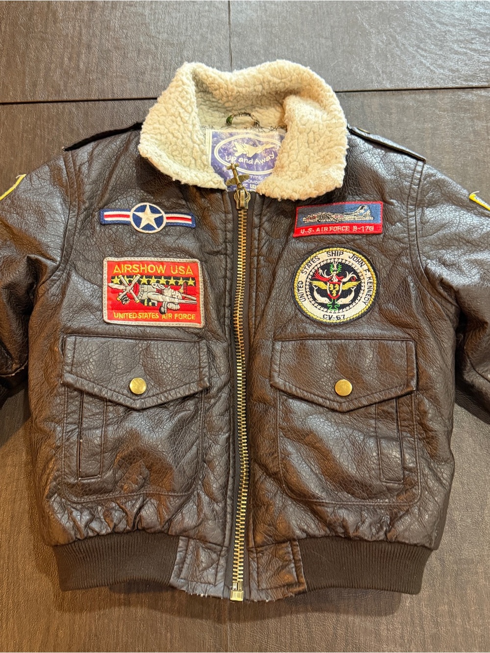 Up and Away Kids Brown Faux-Leather Bomber Jacket Cream Sherpa Collar Sz M (6)